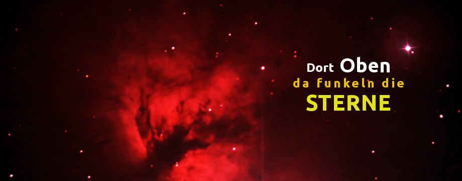 Speisen unter'm Sternenhimmel - Titelbilder: schwarzer Nachthimmel mit Sternen und rotem Flammennebel im Sternbild Orion. Schriftzug: Dort Oben, da funkeln die Sterne.